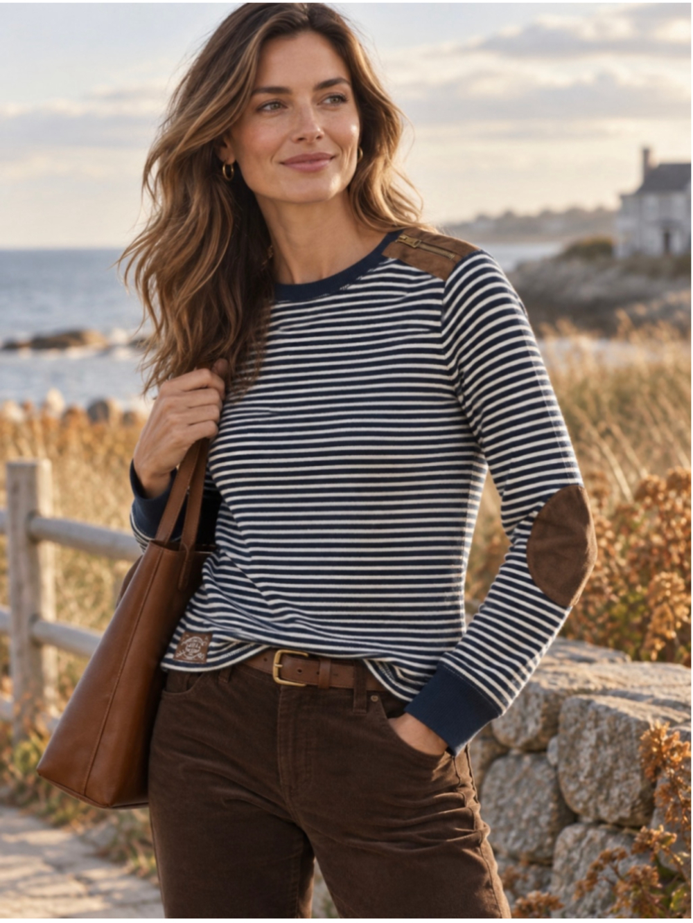 Lauren Ralph Lauren Women’s M Navy Stripe Top Suede Elbow Patch Shoulder Zip